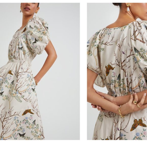 Goop G. Label Chic Cream Floral Midi Dress with Puff Sleeves - Picture 2 of 4